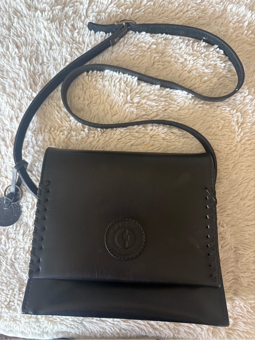 Black Leather Shoulder Bag with Whipstitch Detail